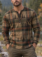 Men’s Retro Hunting Culture Print Casual Long Sleeve Henley Shirt