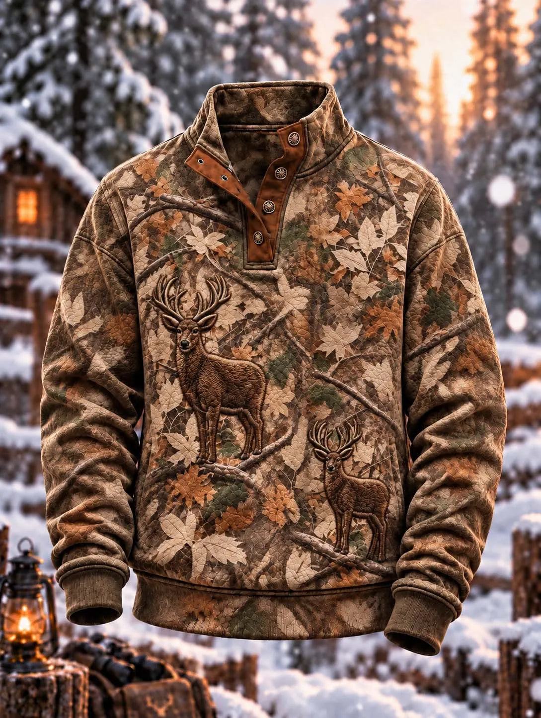 🍂 Men's Leaf Camo Whitetail Buck and Doe Quilted Hunting Pullover 🦌