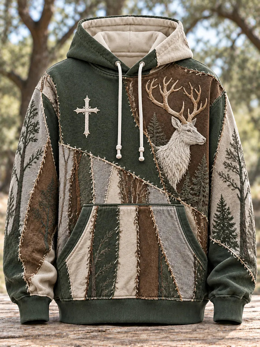 🦌✝️ Forest Guardian Deer & Cross Embroidered Patchwork Hoodie – Vintage Woodland Christian Faith Pullover