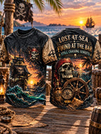 Men’s Lost at Sea Found at the Bar Sunset Pirate Graphic Pocket T-Shirt
