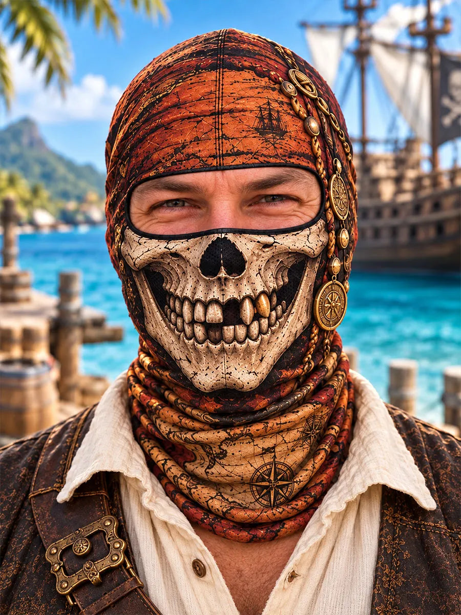 Pirate Skull Mask with Exposed Eyes – Vintage Treasure Map Balaklava Hat Style