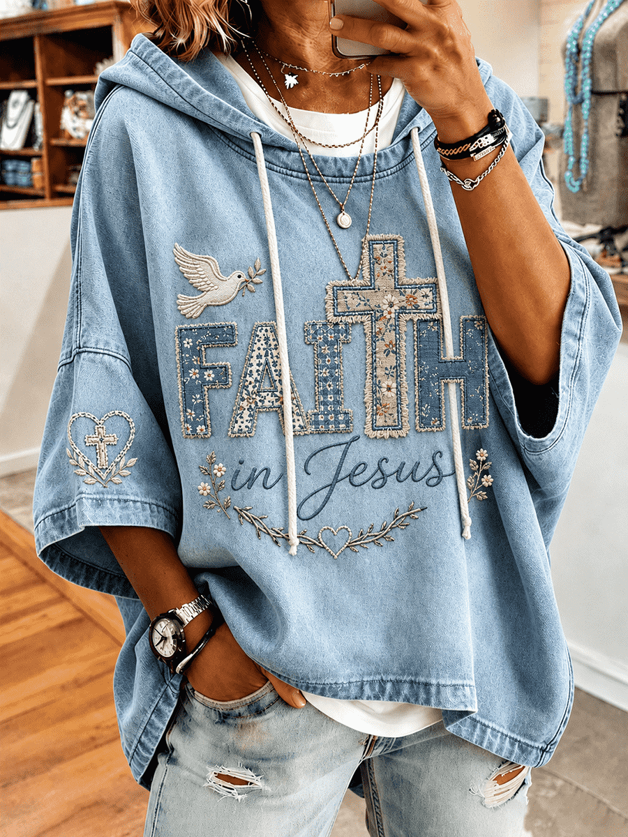 Women's Faith In Jesus Floral Patch Letter Dove Heart Cross Sleeve Embroidery Hoodie