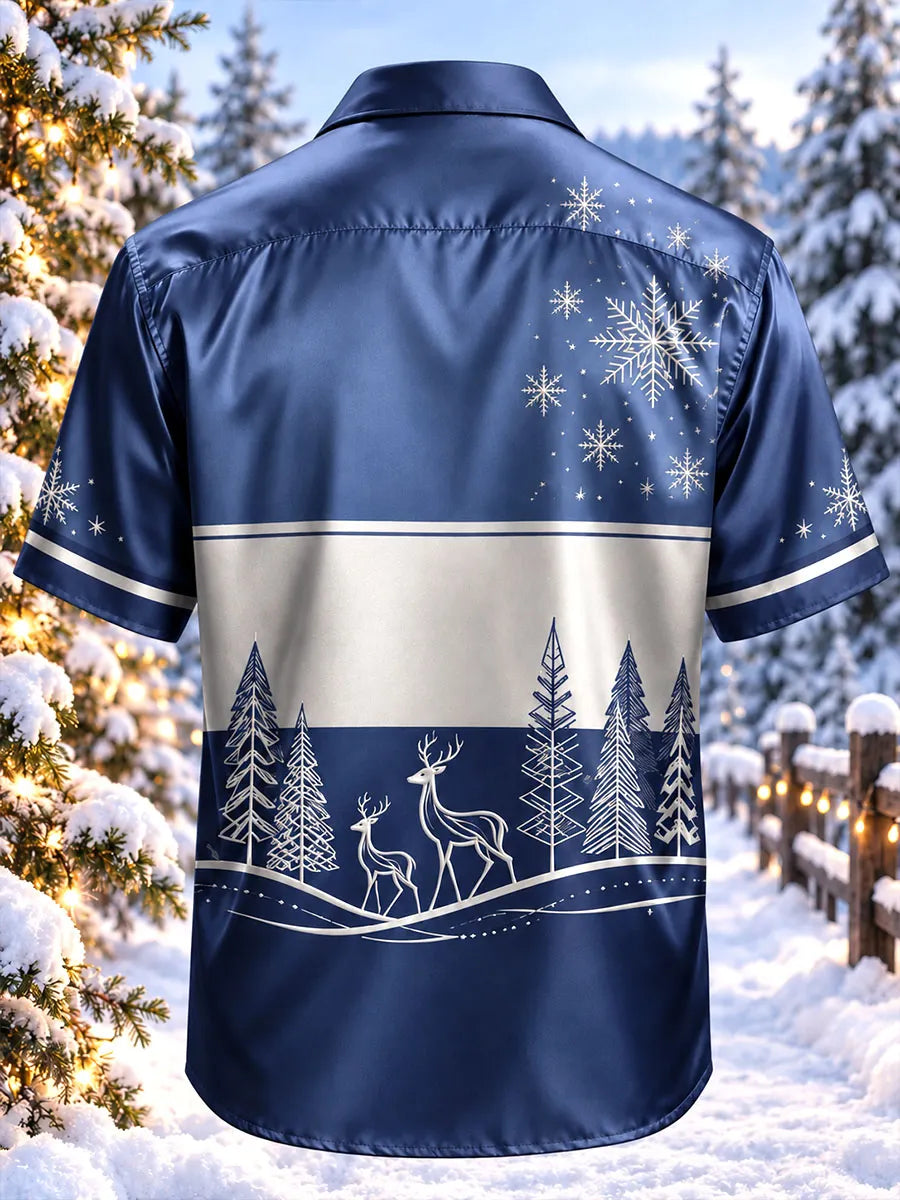 Men’s Christmas Woodland Deer & Snowflake Print Short-Sleeve Shirt
