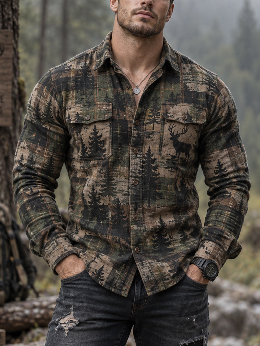 Vintage Hunting Culture Print Long Sleeve Button-Front Shirt