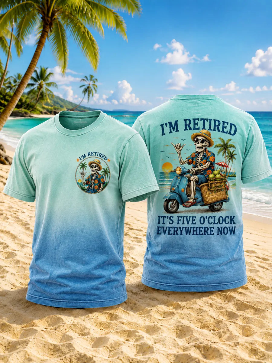 Men's "I'm Retired, It's Five o'clock Everywhere Now" Skull Print Casual T-shirt