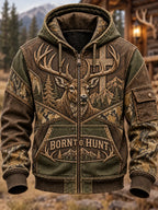 Men's Retro Hunting Culture Print Casual Full-Zip Hoodie