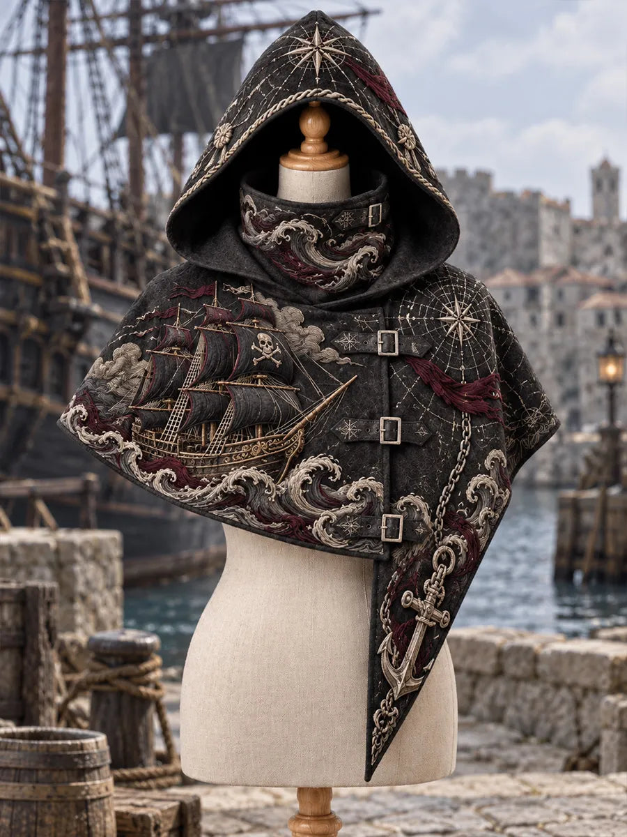 🏴‍☠️ Phantom Galleon Hooded Cape – Skull Pirate Ship & Stormy Seas Fantasy Cloak