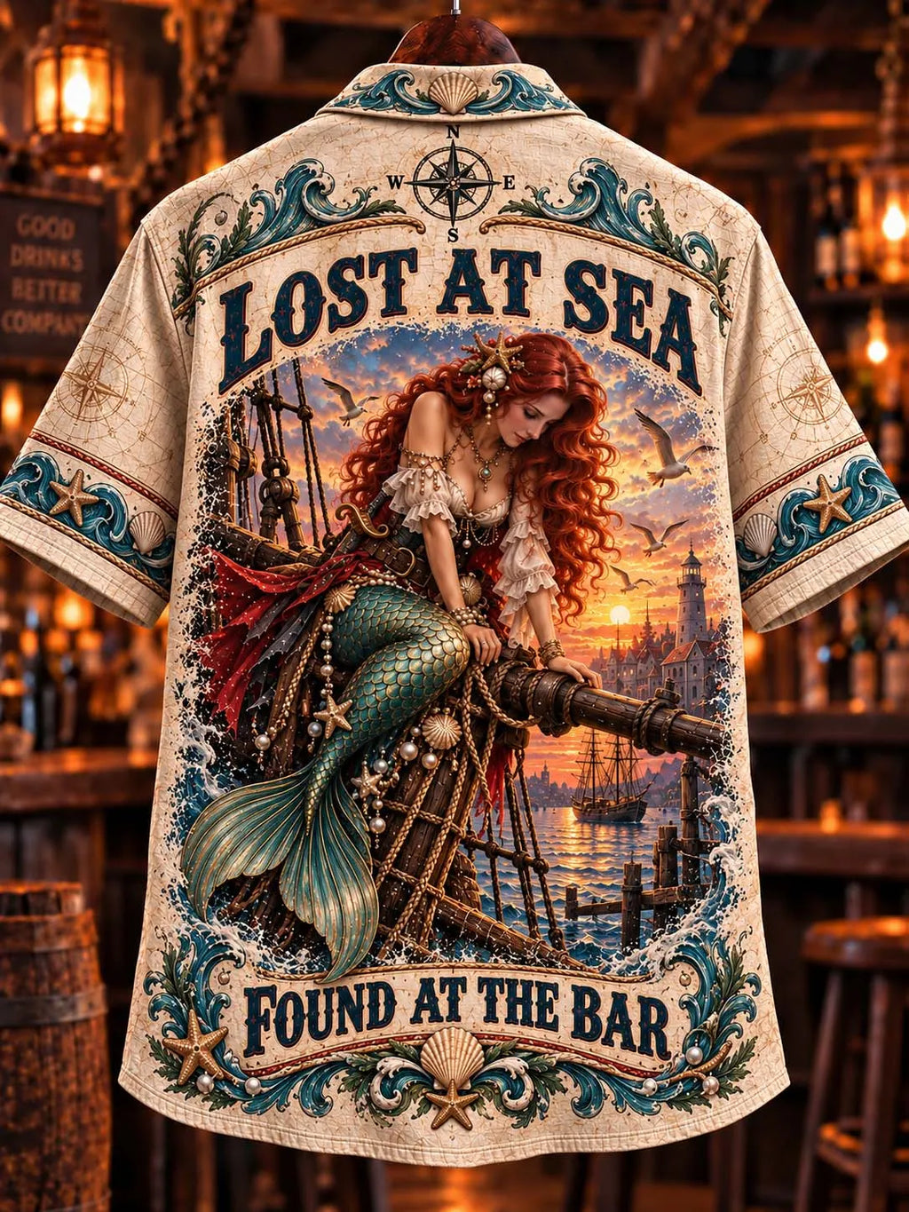 🧜‍♀️ Redhead Pirate Mermaid Sitting on Shipwreck Hawaiian Shirt