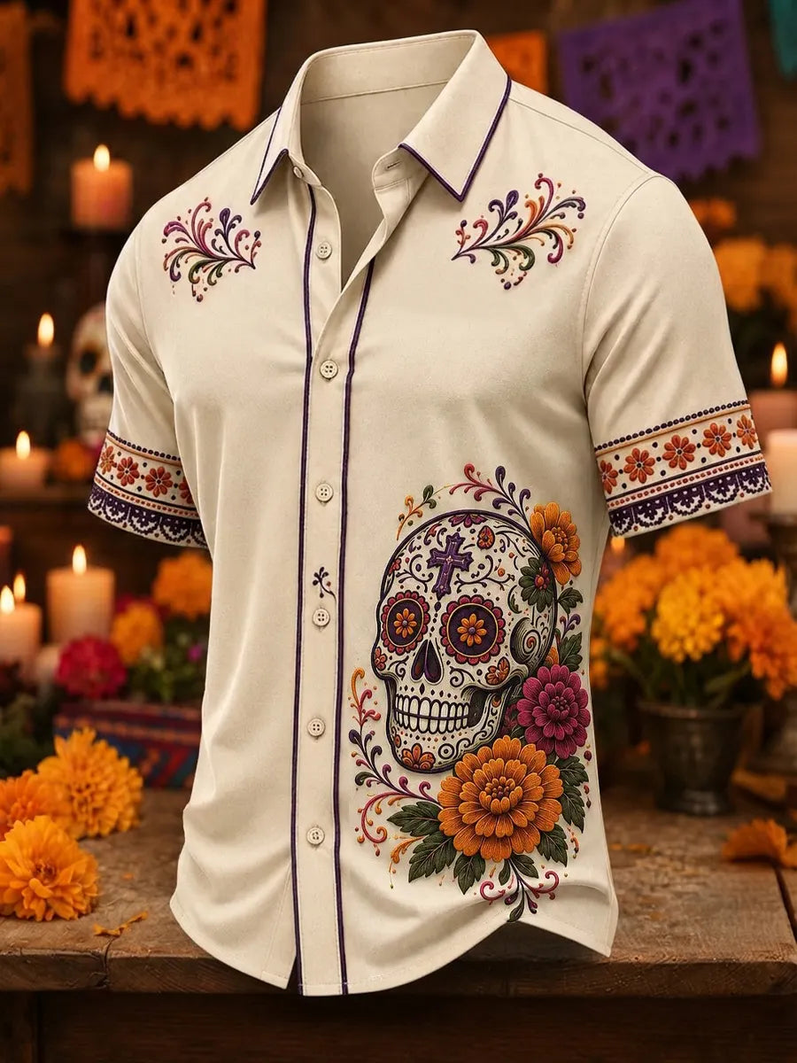 Men's Day Of The Dead Crossâ€�Patterned Sugar Skull And Marigolds Print Short Sleeve Buttons Shirt