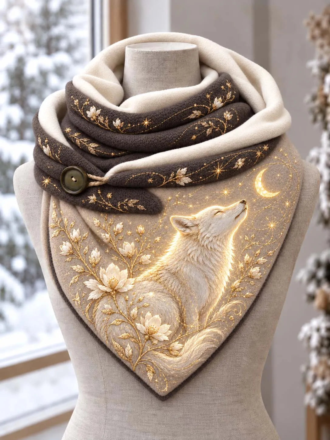 🌙 Mystical Glowing White Wolf & Crescent Moon Scarf