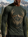 Men's Deer Antler Mountain Print Lightweight Thermal Long Sleeve T-Shirt
