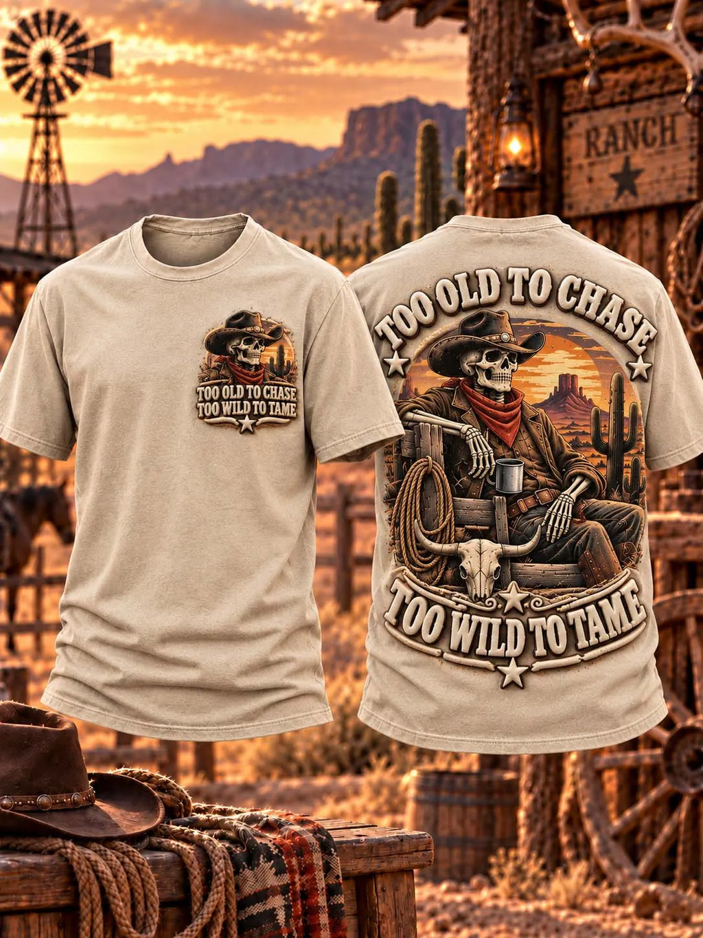 🌵 Too Old to Chase Too Wild to Tame Skeleton Cowboy T-Shirt