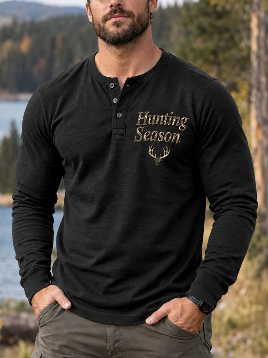 Men’s Retro Hunting Culture Print Casual Long Sleeve Henley Shirt