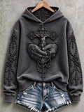 🙏 Holding Rosary & Crucifix Dark Grey Vintage Distressed Christian Hoodie