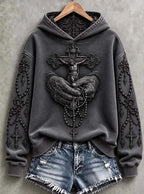 🙏 Holding Rosary & Crucifix Dark Grey Vintage Distressed Christian Hoodie