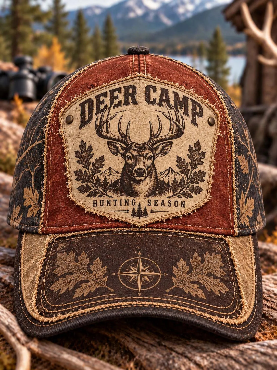 🍂 Deer Camp Hunting Season Buck Leaf Patchwork Baseball Cap