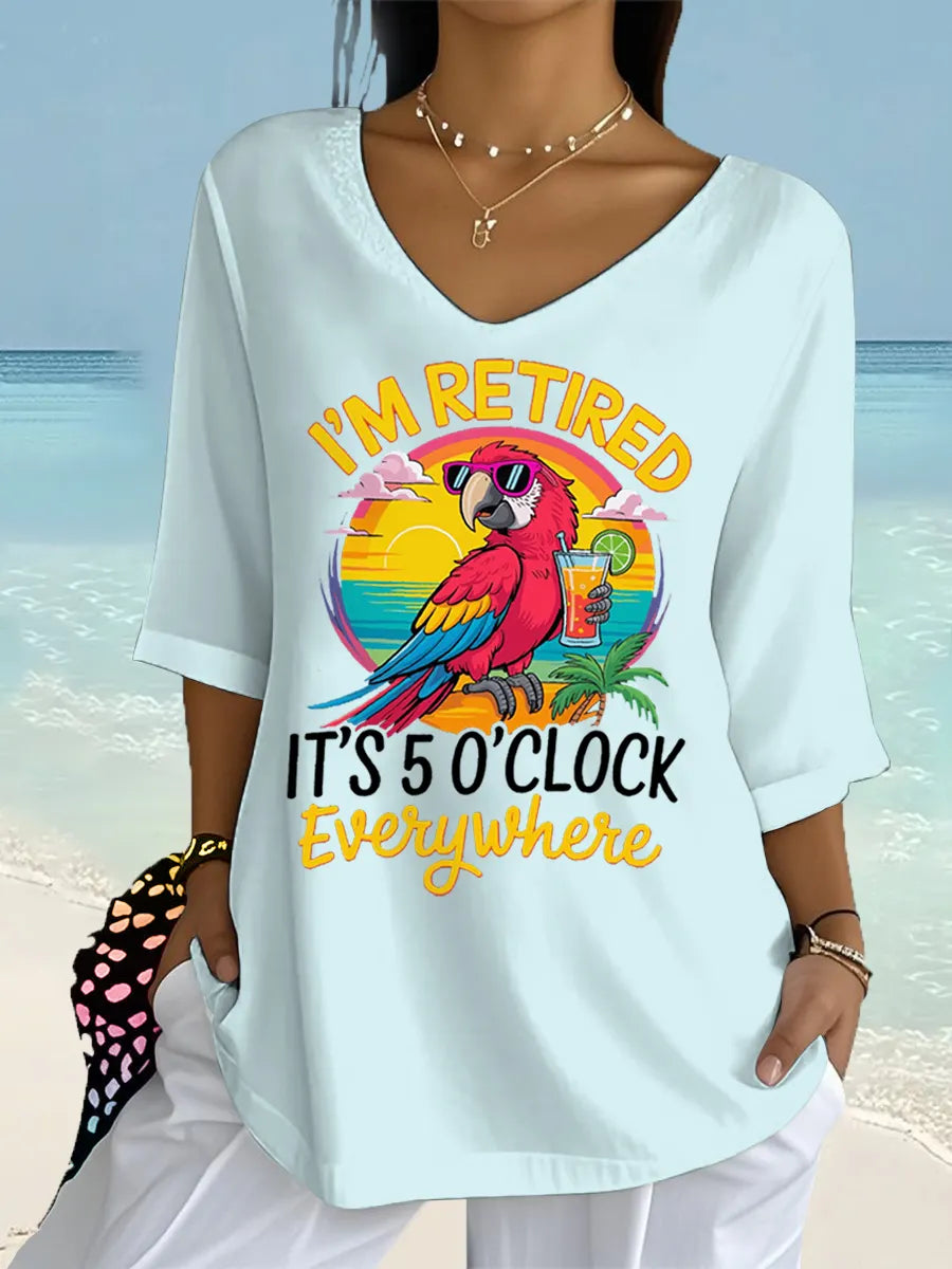 Women's I'm Retired It's 5 O'clock Everywhere Parrot Print Casual Half-Sleeve Top