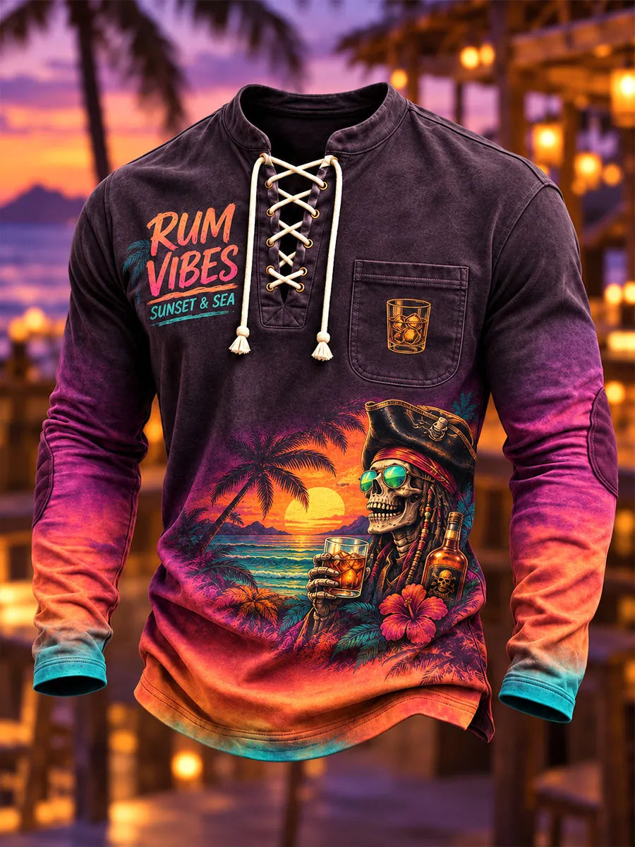 Men's Sunset Rum Pirate Lace-Up Long Sleeve Shirt