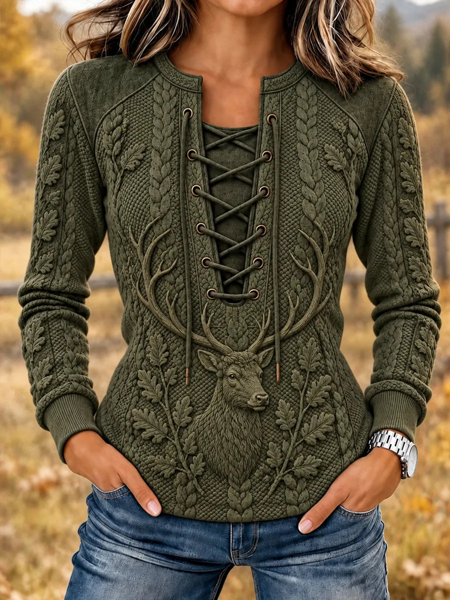 Women's Vintage Retro Reindeer Print Stitch-Detail Sweatshirt