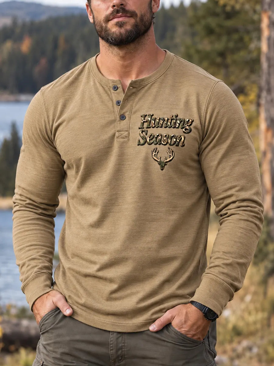 Men’s Retro Hunting Culture Print Casual Long Sleeve Henley Shirt