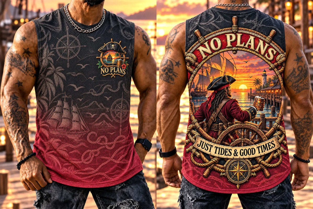 Men’s “No Plans” Pirate Captain & Sunset Nautical Print Sleeveless Tank Top