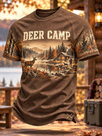 Men’s Deer Camp Lakeside Hunting Scene Print Crewneck T-Shirt