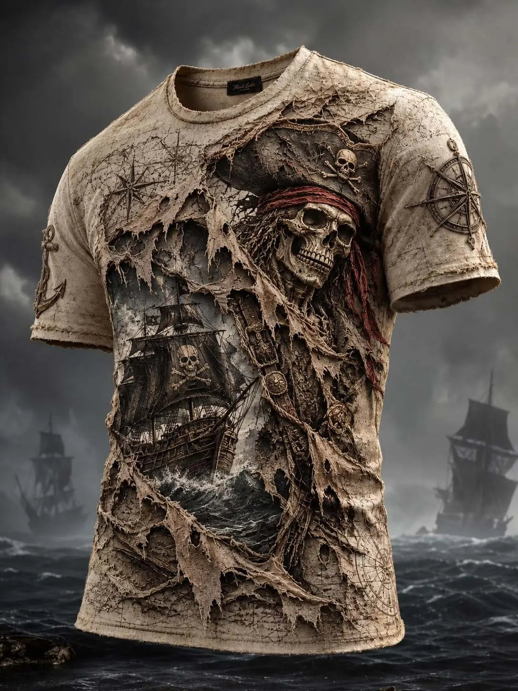 🏴‍☠️ Vintage Ripped Pirate Skull & Ghost Ship T-Shirt