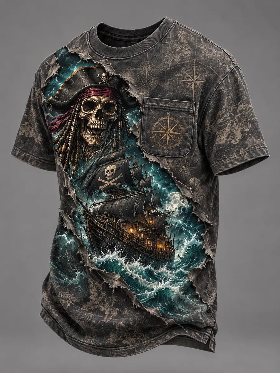 🏴‍☠️ ⚡"Shattered Abyss" 3D Torn Skull & Pirate Ship Tee⚔️