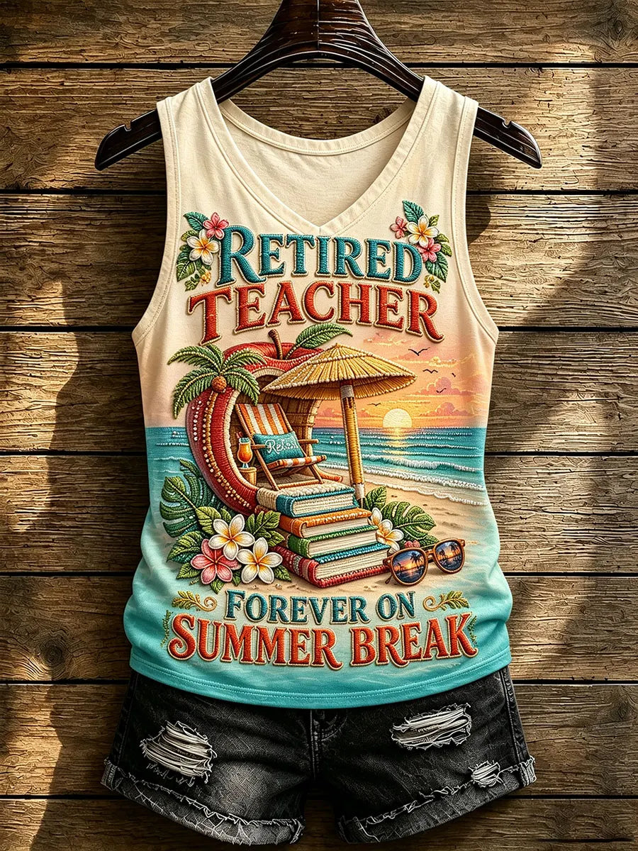 Women’s Retired Teacher Summer Vacation Graphic V-Neck Tank Top