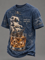 💀⚓"Midnight Toast" Whiskey & Pirate Ship Blue Tee🌊