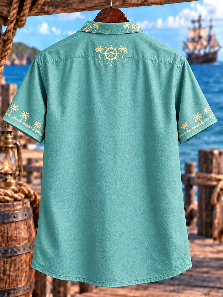 Men’s Tropical Beach Pirate Print Lace-Up Short Sleeve Shirt