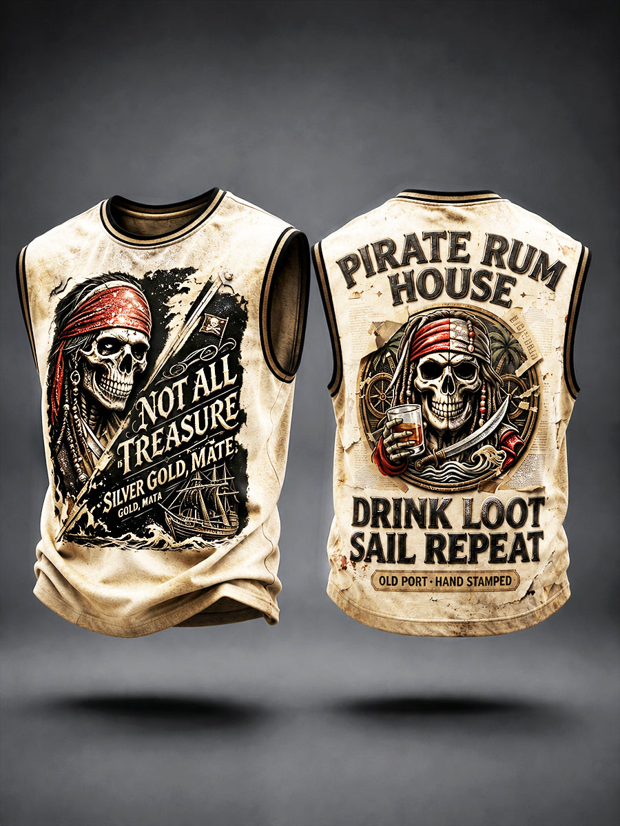 Menâ€TMs Pirate-Themed Slogan-Printed Casual Vest