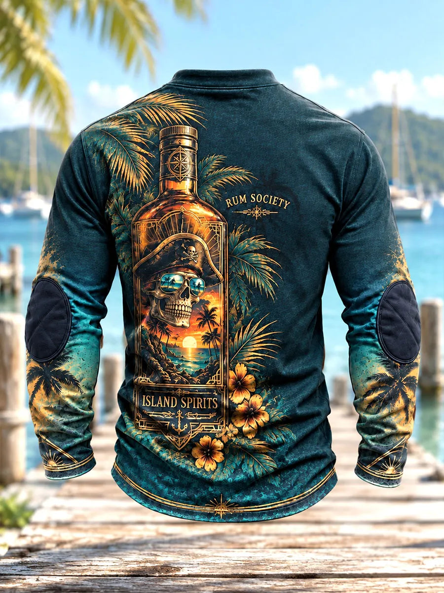 Men's Rum Bottle Pirate Skull Lace-Up Long Sleeve Shirt