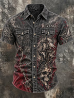 🏴‍☠️⚓"Dark Waters" Bloody Skull & Pirate Ship Denim Shirt