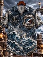 🦈 Rough Seas Make Hard Men Harder Vintage Shark Hawaiian Shirt