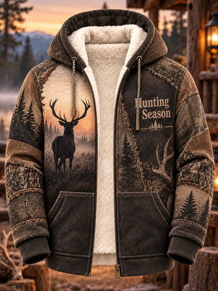 Mountain Forest Buck Vintage Hunting Sherpa-Lined Hoodie