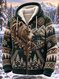 Men's Nordic Forest Grizzly Bear Mountain Pine Tree Snowflake Print Pocket Zip Up Thickened Hooded Jacket