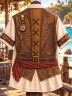 Men’s Vintage Pirate Vest-Effect Print Short-Sleeve Button-Up Shirt