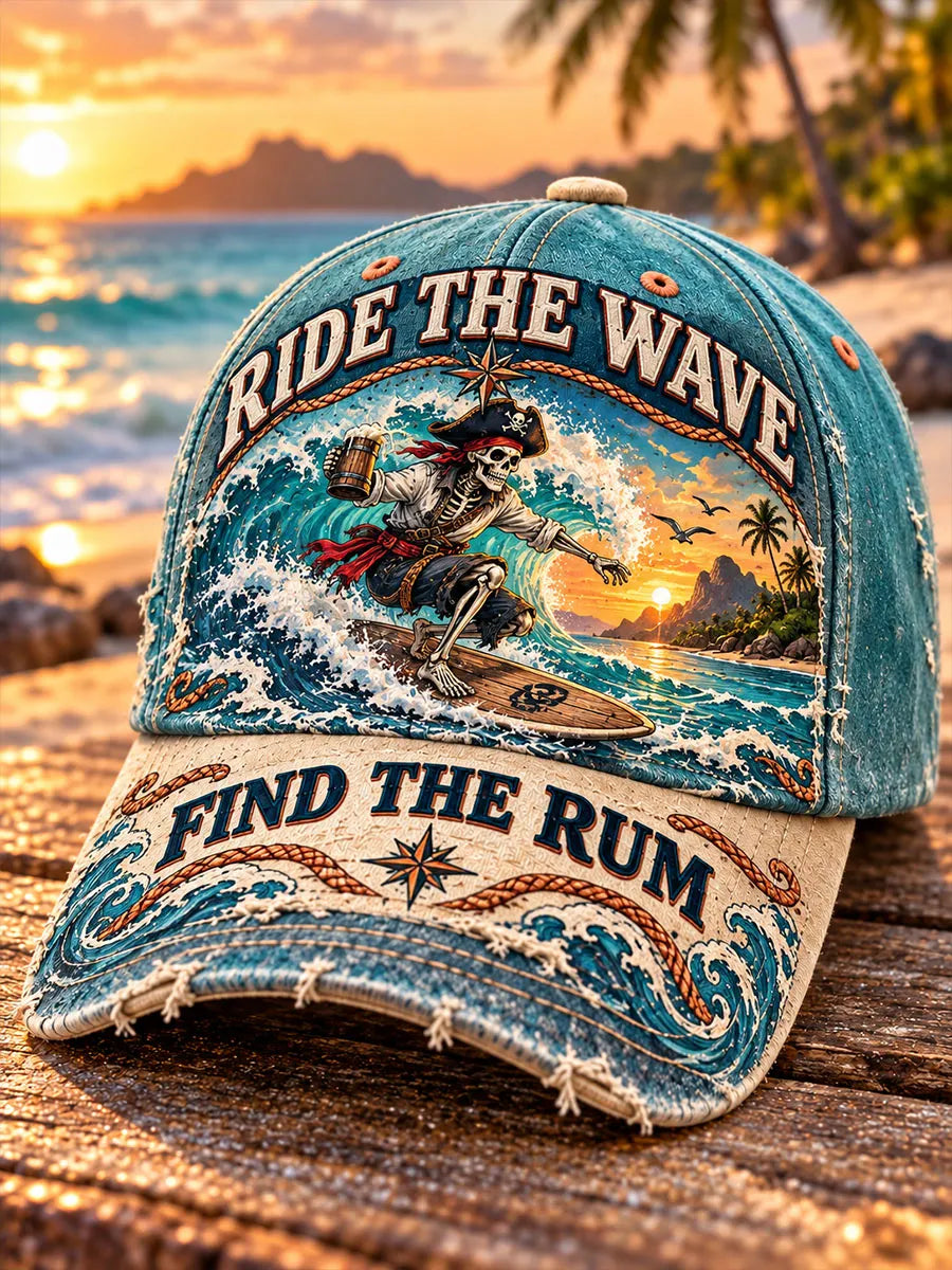 Ride the Wave, Find the Rum Pirate Skull Surfing Vintage Distressed Baseball Cap