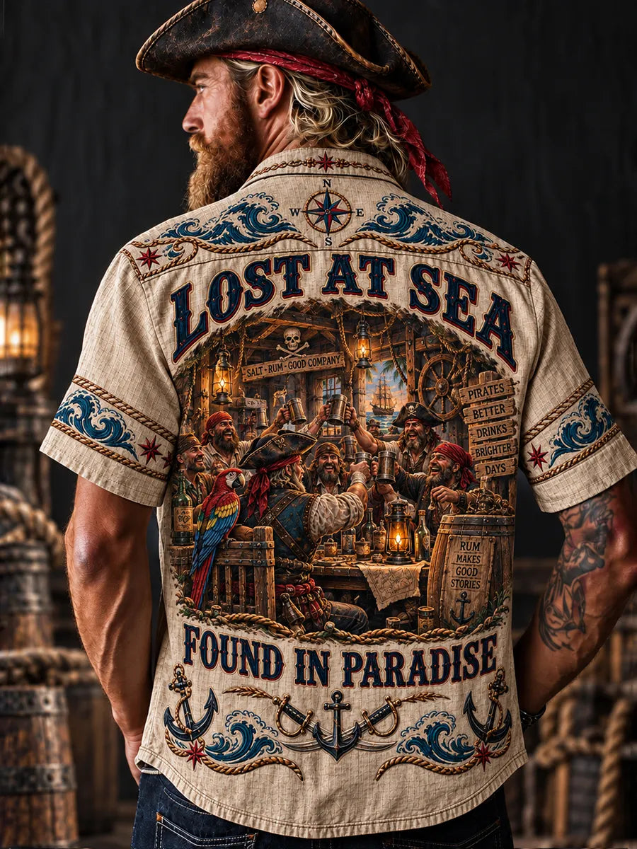 Men’s Vintage “LOST AT SEA” Old Salt Pirate Short Sleeve Shirt