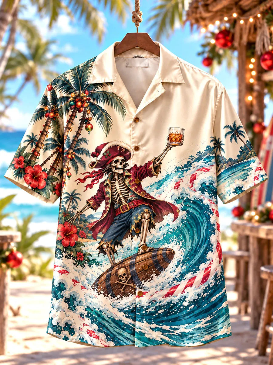 Men's Funny Surfing Skeleton Pirate Christmas Print Short Sleeve Shirt