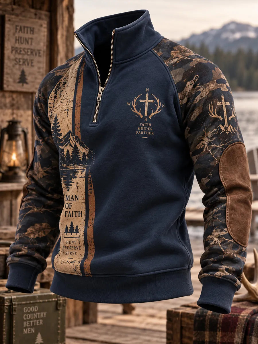 Retro Hunting Culture Faith Print Casual Zip-Up Sweatshirt