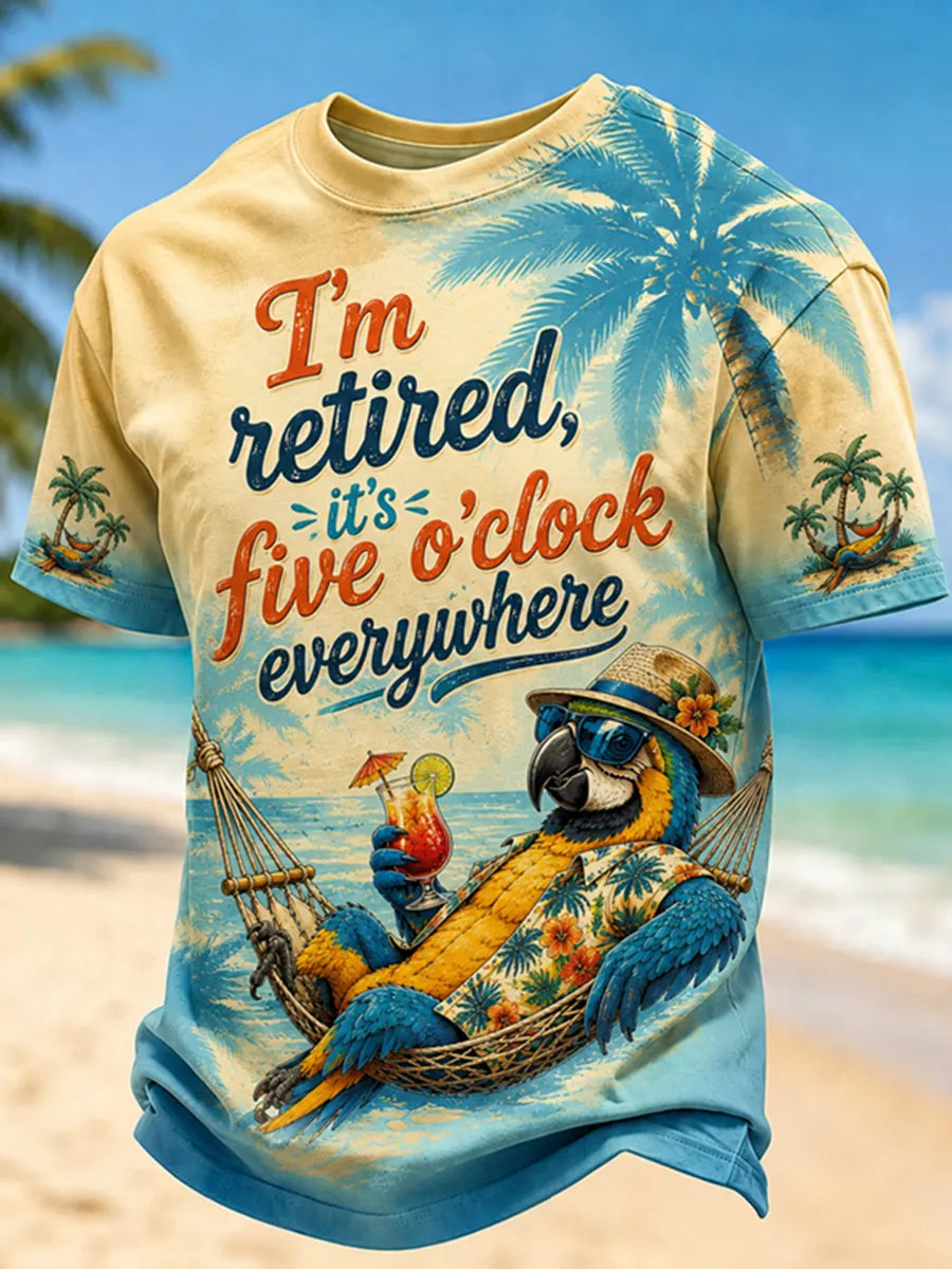 Men's "I'm Retired, It's Five o'clock Everywhere Now" Parrot Print Casual T-shirt