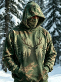 Men's Woodland Camo Stag Pine Tree Print Thermal Base Layer Hoodie with Built-in Gaiter