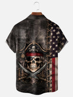 Moisture-Wicking U.S. Independence Day Flag & Pirate Theme Chest Pocket Festive Hawaiian Shirt