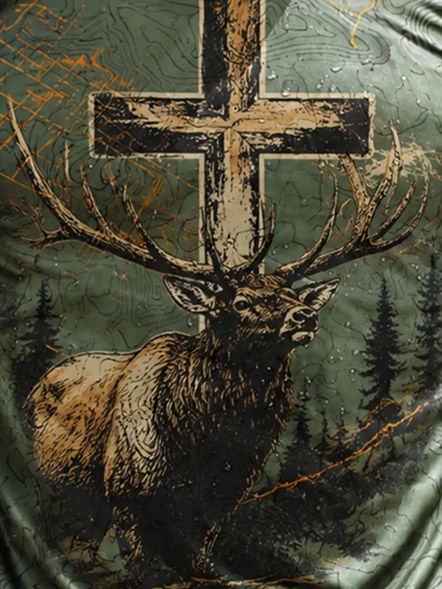 Men's Raglan Sleeve Finger Gloves Face Mask Vintage Wilderness Elk Cross Faith Print Sun Protection Clothing