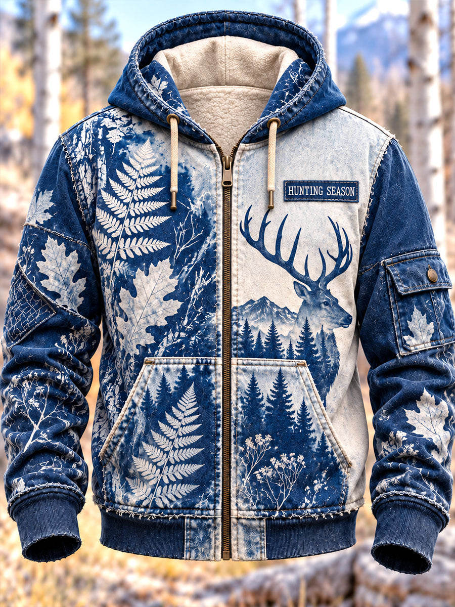 Men's Vintage Deer Botanical Camo Print Zip-Up Hoodie