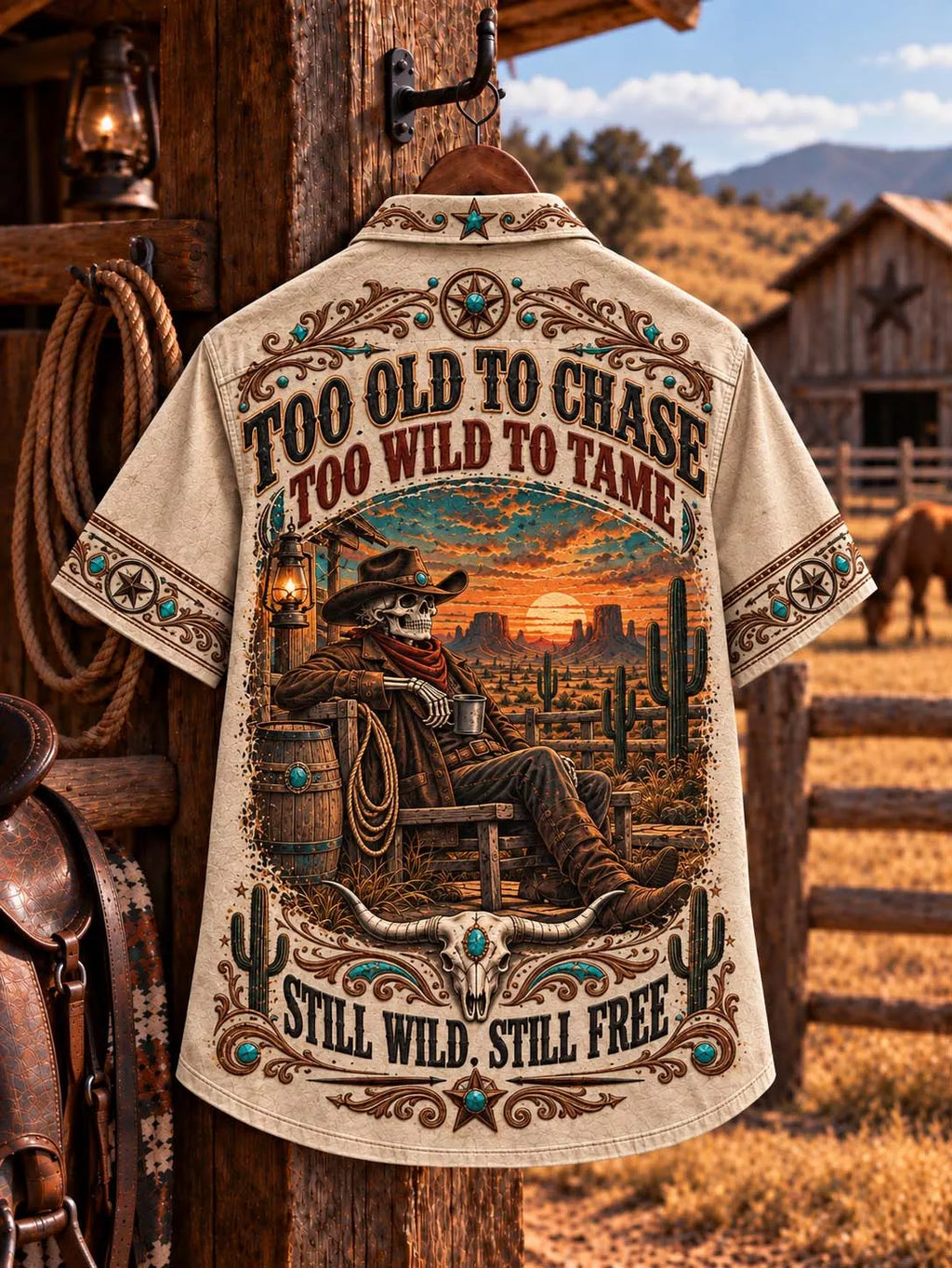 ⭐ Too Old to Chase Still Wild Still Free Turquoise Cowboy Shirt