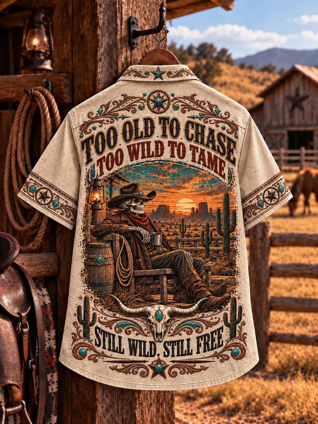 ⭐ Too Old to Chase Still Wild Still Free Turquoise Cowboy Shirt