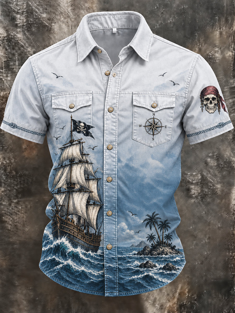 🏴‍☠️"Corsair's Legacy" Pirate Ship & Island Denim Shirt⛵ 🌴